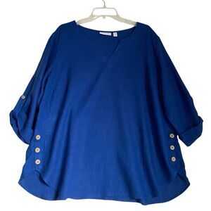 Susan Graver Pure Linen Top Tunic 1XP Blue Round Neck Roll Tab Sleeve Relaxed